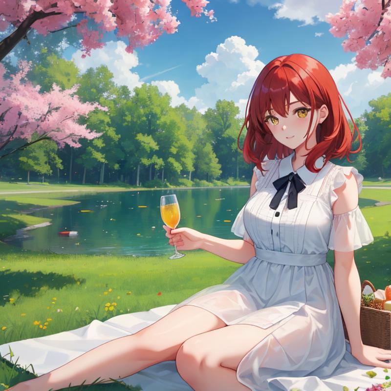 00163-2299588986-1Girl, mature, American, redhead, medium hair, yellow eyes, sitting on a picnic blanket near a lake, elegant summer dress, happy.png